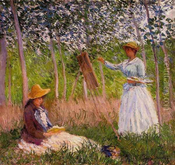 Suzanne Reading And Blanche Painting By The Marsh At Giverny Oil Painting - Claude Oscar Monet