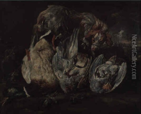 Stilleben Mit Totem Federvieh Und Hund Oil Painting - Peter (Pieter Andreas) Rysbrack