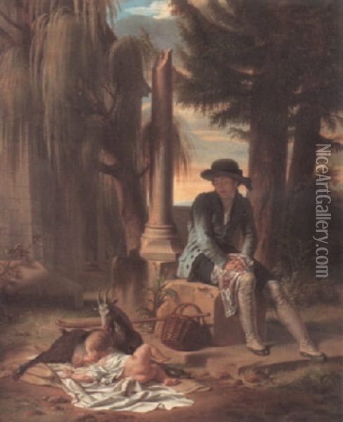 A Child Suckling A Goat With A Seated Traveller Oil Painting - Jean Charles Tardieu