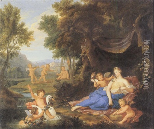 Venus And Cupid Among Other Putti In A Grotto Oil Painting - Louis de Boulogne the Younger