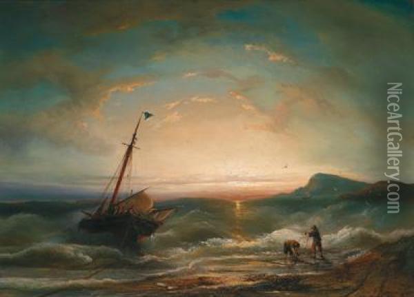 Nave Con Mare Agitato Vicino Alla Spiaggia Oil Painting - Elias Pieter van Bommel