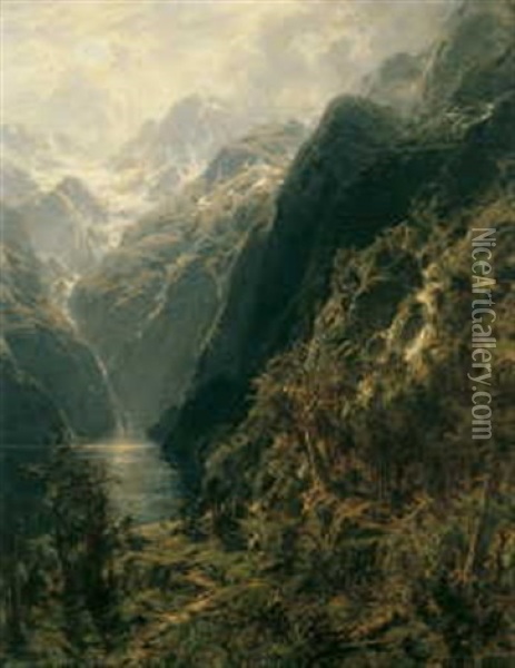 Blick Auf Den Gosausee. Im Hintergrund Der Dachsteingletscher Oil Painting - Carl August Heinrich Ferdinand Oesterley