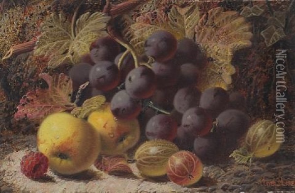 A Still Life With Apples, Grapes, Gooseberries And A Raspberry (+ Another Similar; Pair) Oil Painting - Oliver Clare