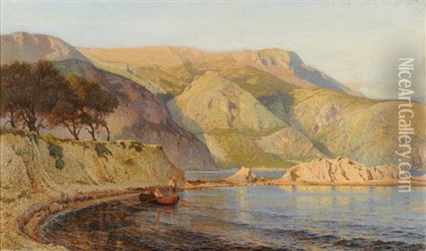 Figures In A Boat Off A Rocky Coastline Oil Painting - Charles Samuel Delapeine