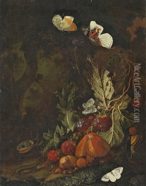 Stillleben Mit Fruchten, Schmetterlingen Und Schlange Oil Painting - Carl Wilhelm de Hamilton