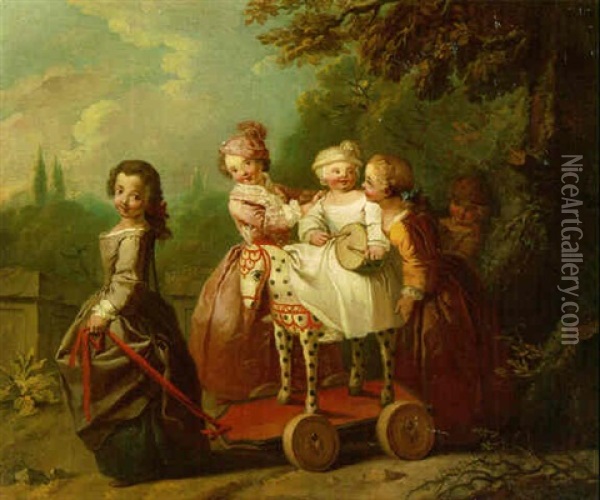 A Young Boy On A Hobbyhorse, With Other Children Playing On A Terrace In A Garden Oil Painting - Etienne Jeaurat