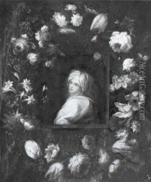 Garland Of Flowers Encircling Portrait Of Beatrice Cenci Oil Painting - Mario Nuzzi