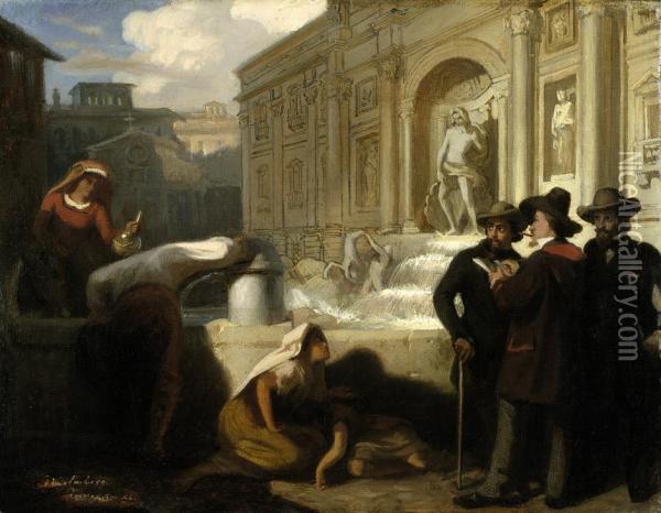 Selbstbildnis Mit Freunden An Der Fontana Di Trevi Oil Painting - Wilhelm A. Lebrecht Amberg