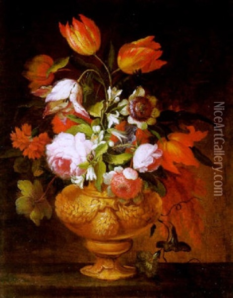 Blumenstraus Mit Rosen, Tulpen, Nelken Und Anderen Bluten In Einer Prunkvase Oil Painting - Abraham Brueghel