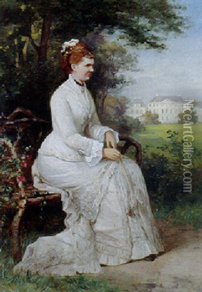 Portrait Of Princess Emma Von Waldeck-pyrmont, Seated On A Bench In The Parc Of Palace Het Loo Oil Painting - Piet Schipperus
