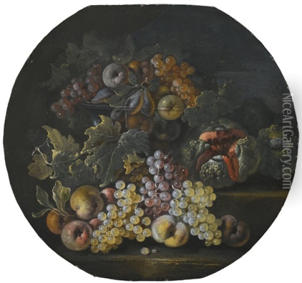 Still Life Of Grapes, Apples, Pears, A Watermelon And Peaches, In A Glass Bowl And Strewn Over Stone Steps Oil Painting - Bartolomeo Castelli the Younger