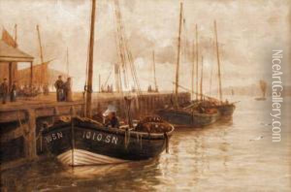 Fishing Boats On A Quayside Oil Painting - Bernard Benedict Hemy