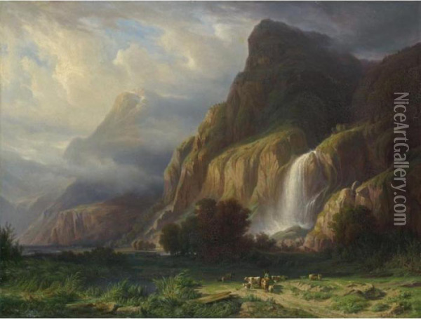 Chute De La Sallenche, 1855 
Fall Of Sallenche, 1855 Oil Painting - Francois Diday