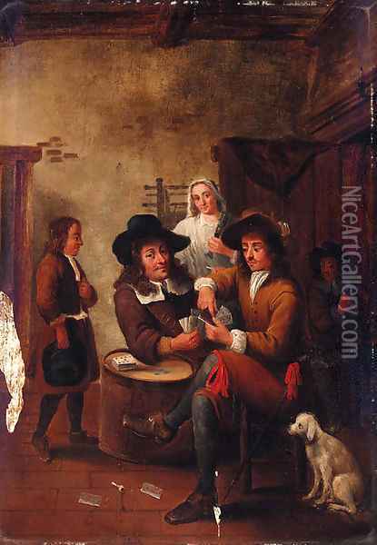 Guardsmen playing cards in an inn Oil Painting - Gillis van Tilborgh