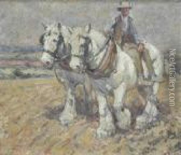 Waiting Fororders; Over The Fields, Country Scenes With Heavy Horses Oil Painting - Harry Filder
