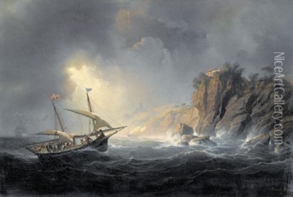 Sturmische Kustenpartie Mit Segelschiffen Oil Painting - Antoine Leon Morel-Fatio