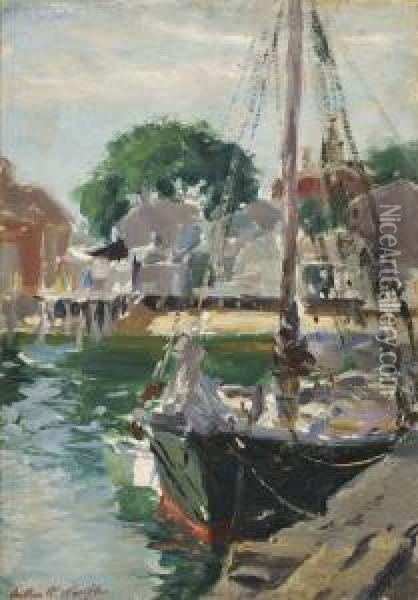 Sailboat At Wharf, 
Provincetown Oil Painting - Arthur William Woelfle