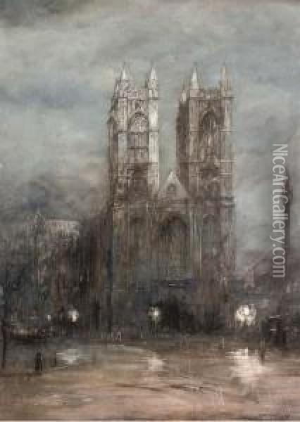 Westminster After A Rainstorm Oil Painting - Herbert John Finn