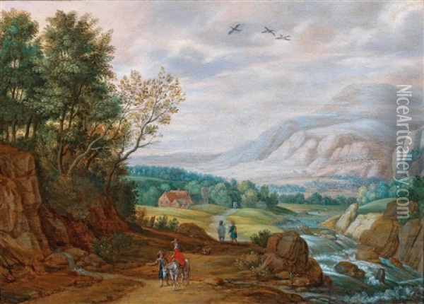 A Vast Mountainous Landscape With Travellers Oil Painting - Isaac Van Oosten