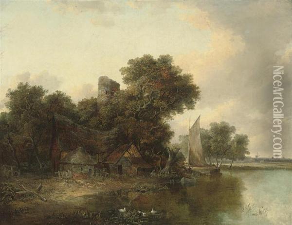 A Cottage And Ruined Tower Beside A River, A Windmill Beyond Oil Painting - Joseph Paul