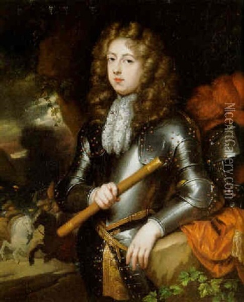 Portrait Of A Commander In Armor Holding A Baton, A Cavalry Charge Beyond Oil Painting - Caspar Netscher