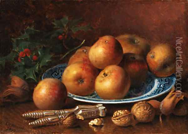 Apples on a willow-pattern plate, holly, walnuts, hazlenuts and a nutcracker Oil Painting - Eloise Harriet Stannard