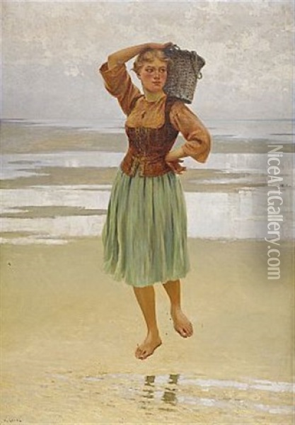 Ostronplockerska Pa Stranden Oil Painting - August Vilhelm Nikolaus Hagborg