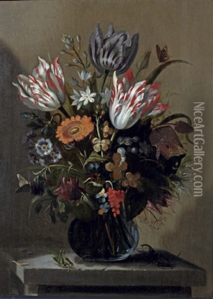 Tulips, Violets, Forget-me-nots And Other Flowers With Butterflies In A Glass Vase, On A Stone Ledge With A Cricket, A Stag Beetle And A Caterpillar Oil Painting - Jacob Marrel