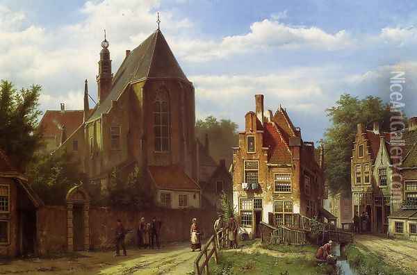 Figures in a Dutch Town Oil Painting - Willem Koekkoek