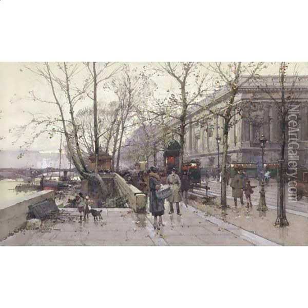 Le Quai Du Louvre, Paris Oil Painting - Eugene Galien-Laloue
