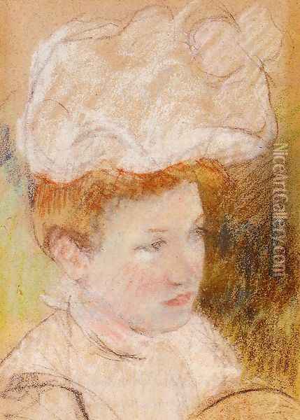 Leontine In A Pink Fluffy Hat Oil Painting - Mary Cassatt