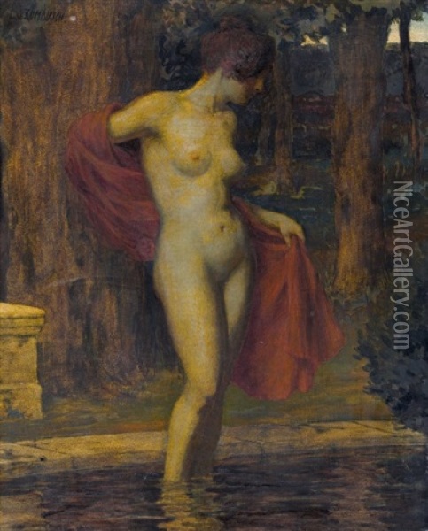 Badende Mit Rotem Tuch Oil Painting - Ludwig Von Zumbusch