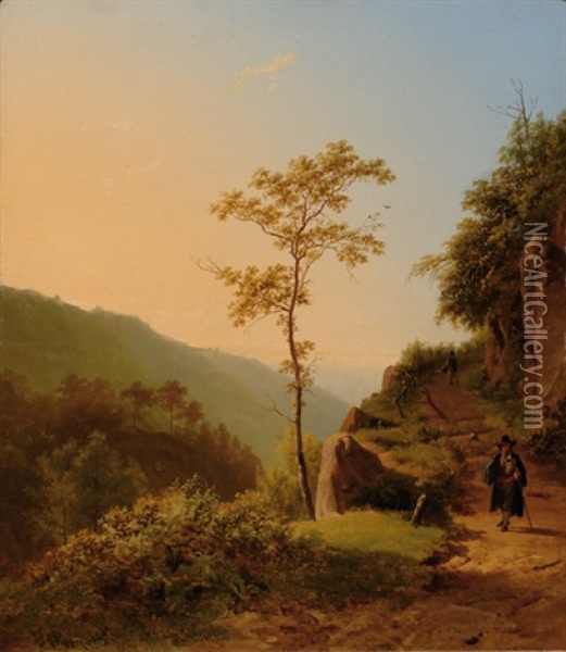 Traveller On A Mountain Path At Sunset Oil Painting - Barend Cornelis Koekkoek