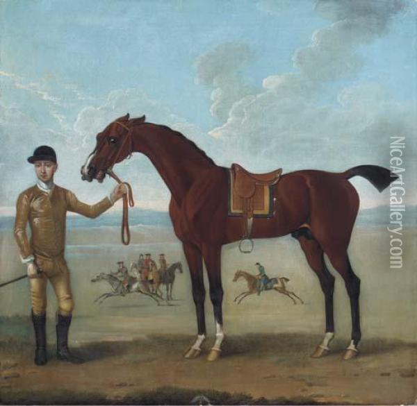 The Duke Of Devonshire's Flying Childers Held By A Jockey, Withhorses Excercising Beyond Oil Painting - James Seymour