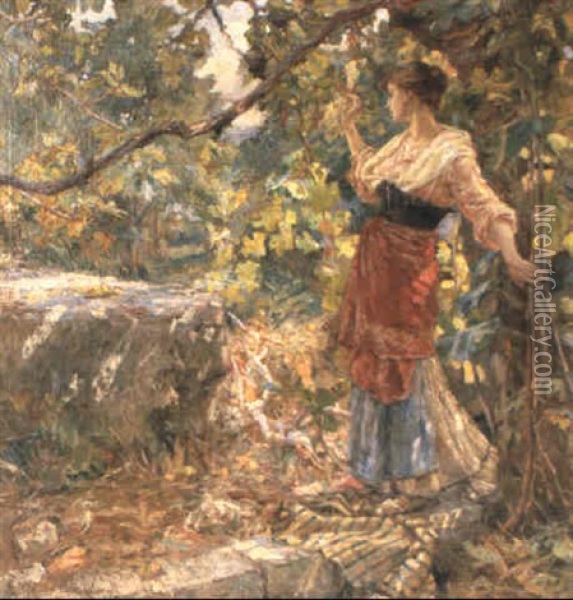 Italian Girl Waiting In The Woods Oil Painting - Alessandro Battaglia