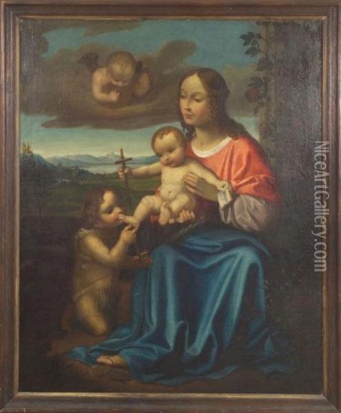 Cleeve , Cerchia Di. Sacra Famiglia Con S. Giovannino Oil Painting - Joos Van Cleve