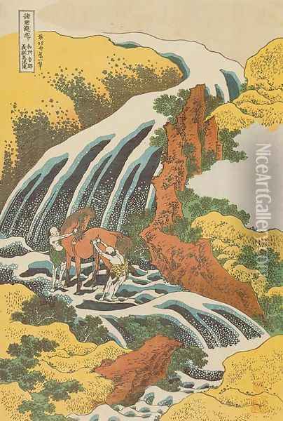 Waterfall where Yoshitsune Washed his Horse at Yoshino in Yamato Province (Washu Yoshino Yoshitsune uma arai no taki) Oil Painting - Katsushika Hokusai