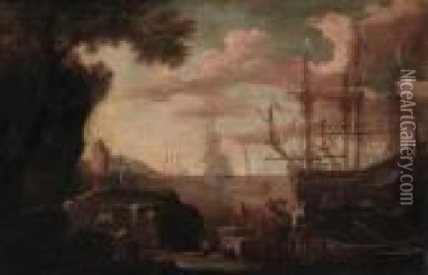 Mediterranean Harbours With Shipping Oil Painting - Salvator Rosa