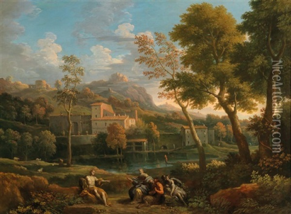 Apollo, Marsya And King Mida In A Landscape Oil Painting - Jan Frans van Bloemen