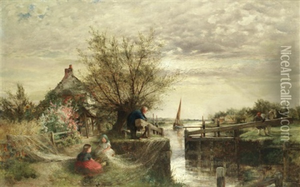 A Thames Lock, Summertime Oil Painting - Charles James Lewis
