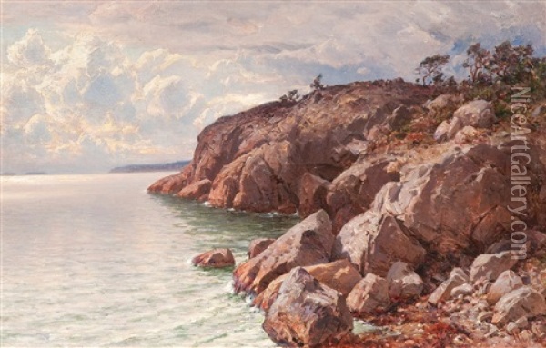 Coastal View With Rocks Oil Painting - Magnus Hjalmar Munsterhjelm