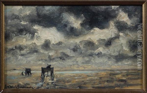 Horses And Carts On A Stormy Shoreline Oil Painting - Jan Hendrik Weissenbruch