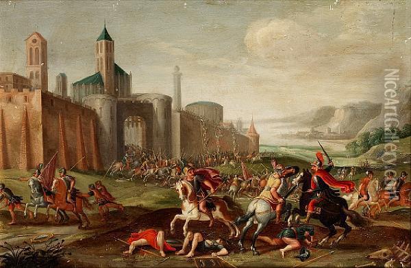 A Cavalry Battle Before A Fortified Town Oil Painting - Jan Baptiste de Jonghe