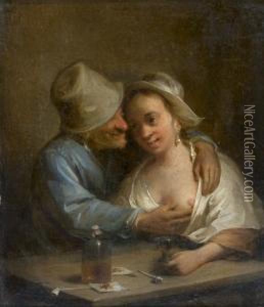 Couple De Galants Attables Oil Painting - Johann Georg Trautmann