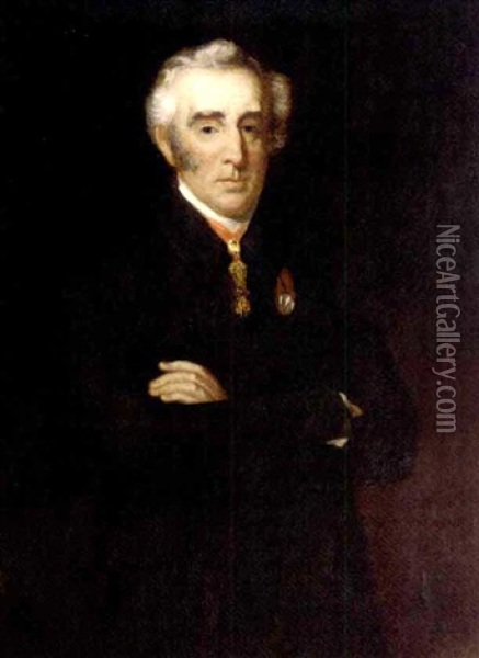 Portrait Of Arthur Wellesley, 1st Duke Of Wellington, Wearing A Coat With The Order Of The Golden Fleece And The Waterloo Medal Oil Painting - Henry Perronet Briggs