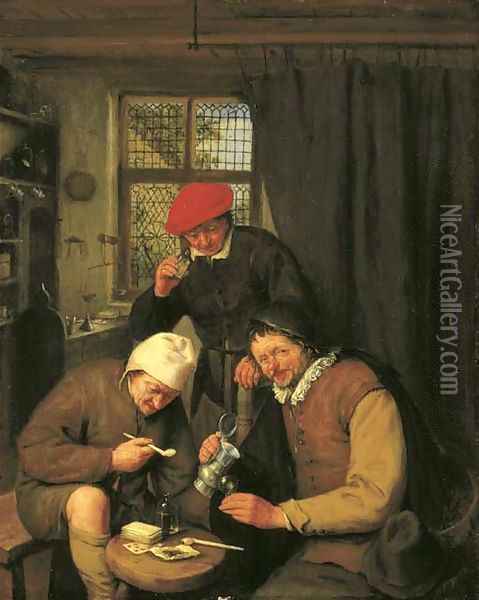De Drinker Three boors drinking and smoking in a spirit house Oil Painting - Adriaen Jansz. Van Ostade