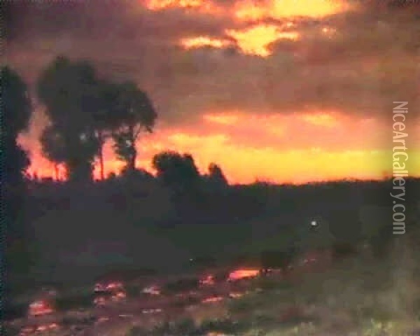 Wisconsin Sunset Oil Painting - Albert Bierstadt