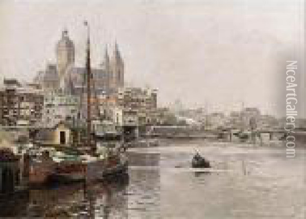 A View Of The St. Nicholaas Church And Prins Hendrik Quay, Amsterdam Oil Painting - Heinrich Hermanns