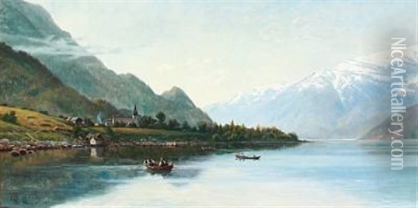 Rowing Boats On Hardanger Fjord In Norway With Snowy Mountains In The Background Oil Painting - Olaf August Hermansen