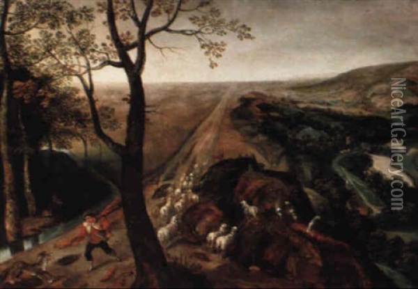 Landschaft Mit Hirt, Der Seine Schafherde Verteidigt Oil Painting - Pieter Balten